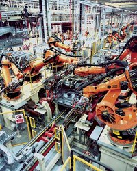 KUKA Industrial Robots assembling a vehicle underbody
